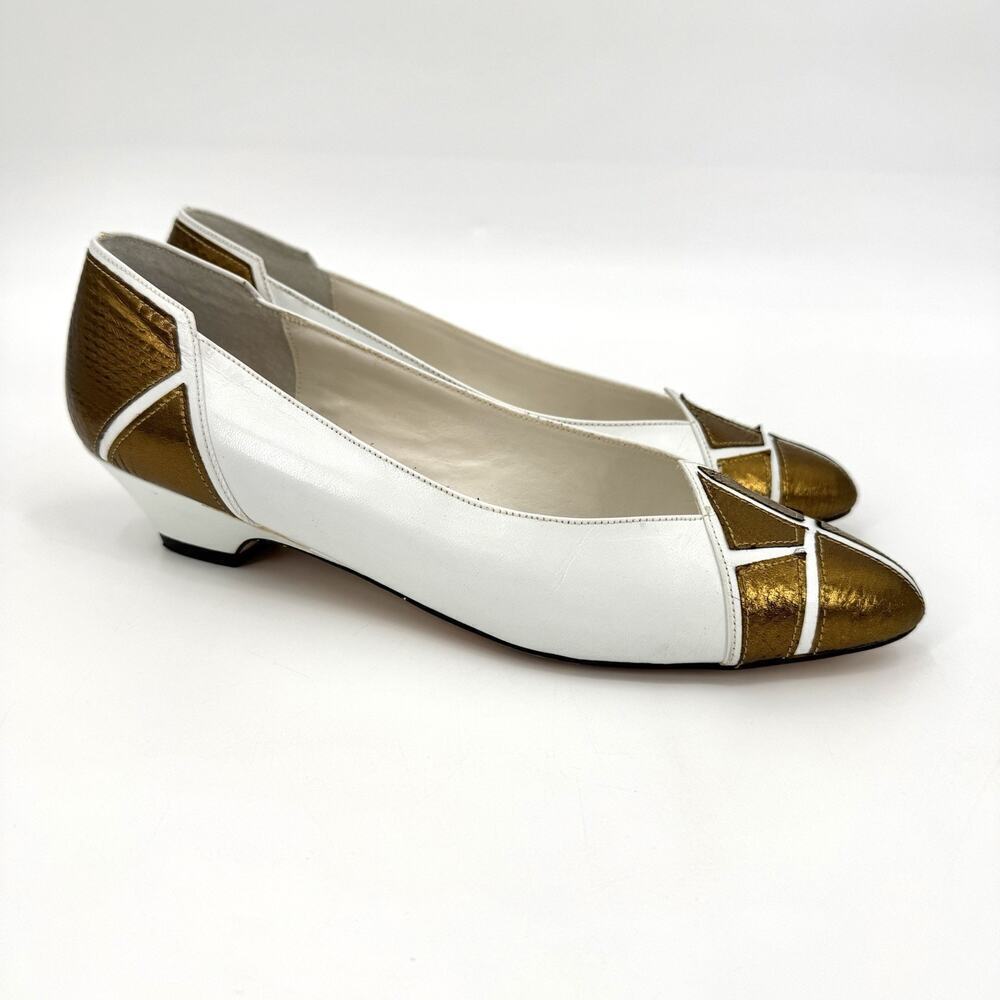Andrew Gellar VTG 80s Snake Skin Leather White / Gold Kitten Heel Pumps Women 9M